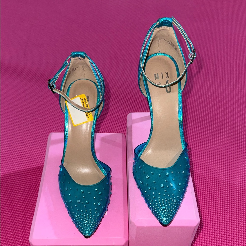 Mix No. 6 Teal Crystal-Embellished Pointed-Toe Ankle-Strap Heels (never worn)